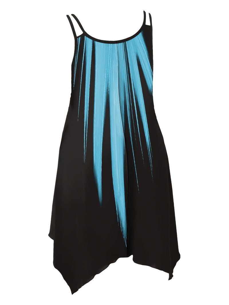 Plus Size Ombre Print Cami Dress, Vacation Style Asymmetrical Hem Sleeveless Crew Neck Dual Strap Dress For Spring & Summer, Women's Plus Size Clothing