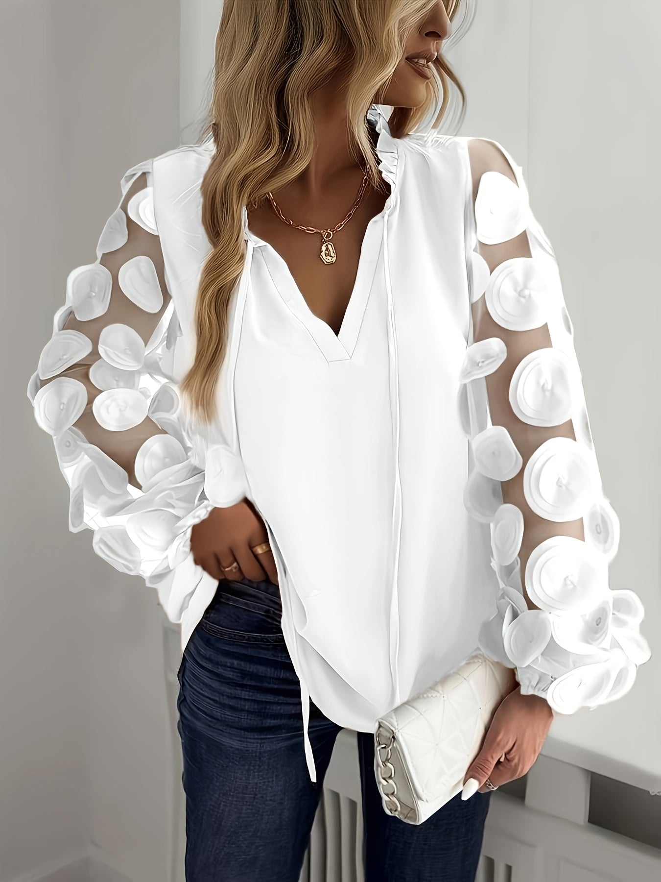Plus Size Women'S Elegant White Blouse with Floral Mesh Sleeves - Long Sleeve, Notched Collar, Oversized Fit, Perfect for Night Outs, Casual to Formal Attire, Plus Size Blouse | Floral Pattern Top | Mesh Fabric Detail, Plus S