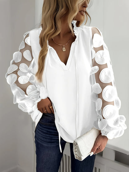 Plus Size Women'S Elegant White Blouse with Floral Mesh Sleeves - Long Sleeve, Notched Collar, Oversized Fit, Perfect for Night Outs, Casual to Formal Attire, Plus Size Blouse | Floral Pattern Top | Mesh Fabric Detail, Plus S