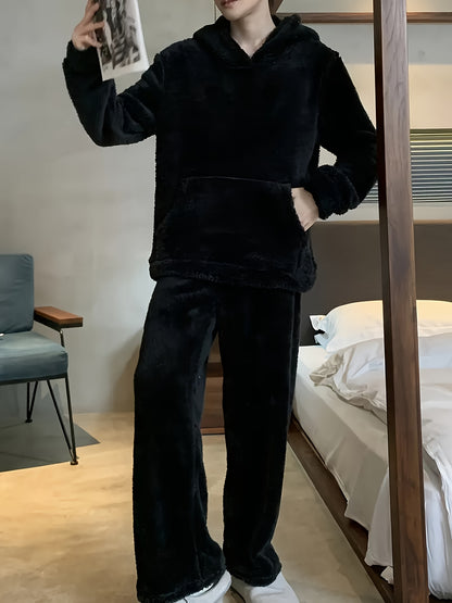 1set Men'S Casual Fleece Pajama Set - Cozy Flannel Loungewear with Hooded Long Sleeve Top and Loose Pants, Solid Color, Polyester, Knitted Fabric, with Pockets, Regular Fit for Autumn/Winter