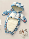 Cozy Fleece-Lined Kids' Onesie with Cute Ears & Cartoon Print - Zip-Up Long Sleeve Snowsuit for Outdoor Warmth, Easy Care, Perfect Christmas Gift for Newborns, Perfect for Outdoor