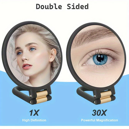 Espejo de maquillaje de mano de doble cara con aumento de 1X/30X y mango ajustable 360°. Diseño portátil y plegable para un cuidado preciso. Ideal para viajes. No necesita pilas. Marco negro con detalles dorados. Mini espejo.