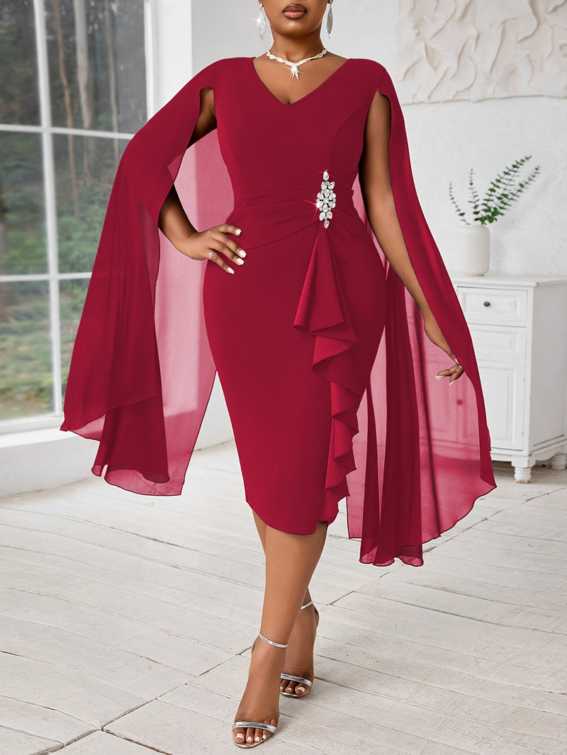 Plus Size, Women's Fashionable and Elegant Batwing Sleeve Mesh Splicing Plus Size Wrap Dress