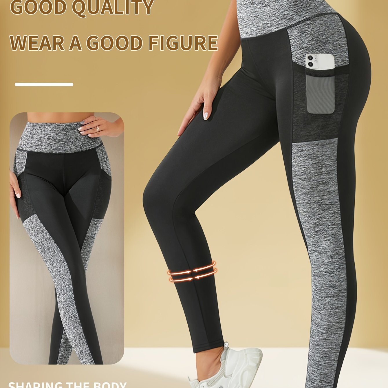 [1pc Women'S High Waist Yoga Leggings] 1pc Women'S High Waist Yoga Leggings with Contrast Color Pocket, Soft Stretchable Polyester Knit Sports Pants, Breathable Activewear for All Seasons
