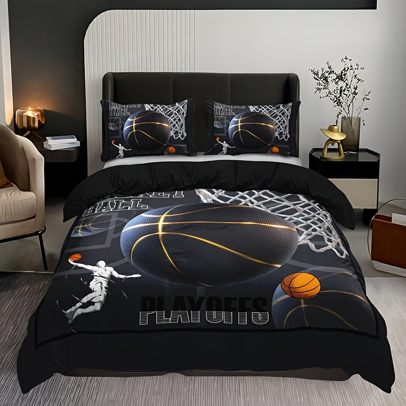 3pcs -Themed Bedding Set - 1 Duvet Cover + 2 Pillowcases, Black with & Print, Breathable Polyester, All-Season Comfort for Home & Dorm Decor