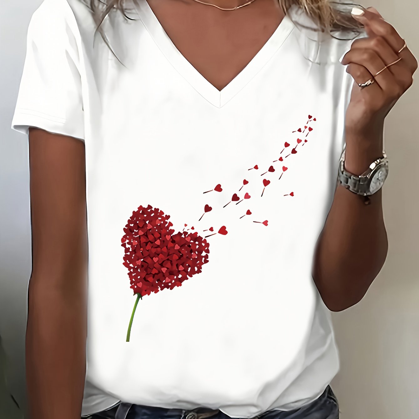 Women's Casual V-Neck Short Sleeve T-Shirt - White with Red Heart & Berry Print, Soft 100% Polyester, Machine Washable, Regular Fit for Spring Summer Fall Casual Attire, Comfortable Fit Tee, Versatile Top, Feminine Style, Lig