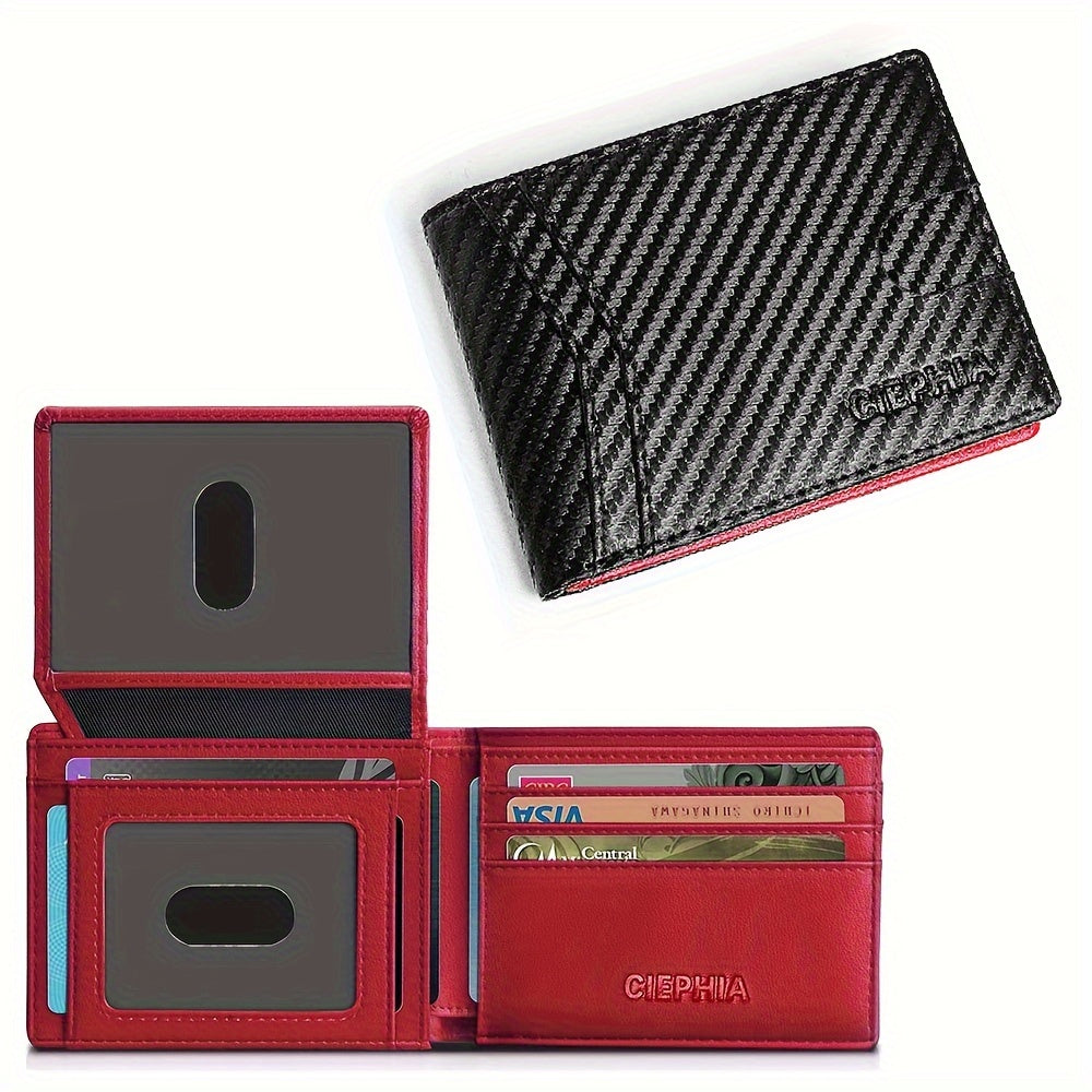 Cartera delgada plegable para hombre, tarjetero con bloqueo RFID, dos ventanas para identificación y pinzas para billetes.