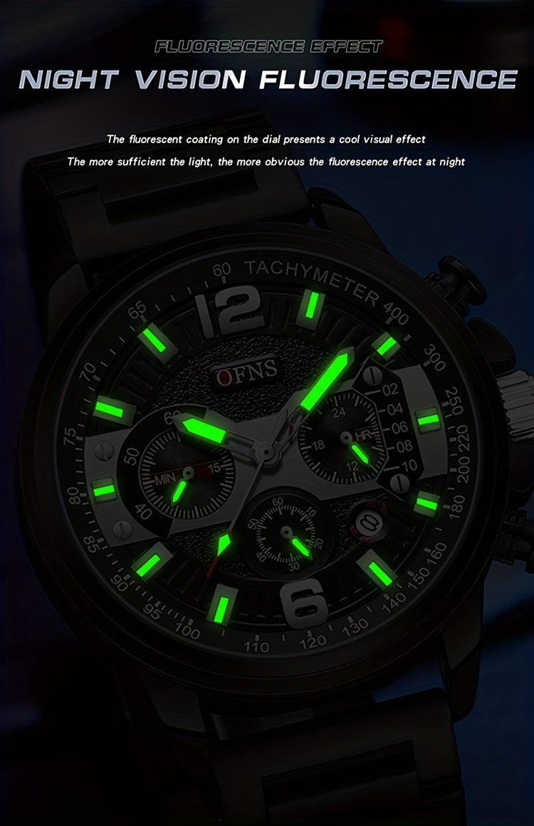 Reloj de moda popular OFNS para hombre, cronógrafo, resistente al agua hasta 50 metros, con calendario y luz nocturna, regalo para las fiestas.