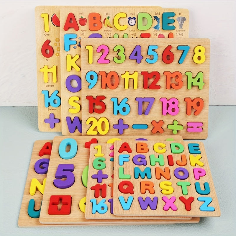 Juego de 4 juguetes educativos STEM de madera grandes: bloques de rompecabezas con alfabeto, números y formas para el aprendizaje temprano, el reconocimiento de colores y el desarrollo de habilidades para la resolución de problemas.