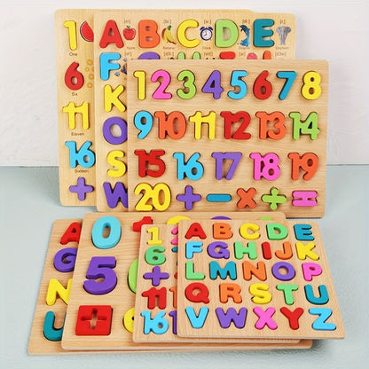 Juego de 4 juguetes educativos STEM de madera grandes: bloques de rompecabezas con alfabeto, números y formas para el aprendizaje temprano, el reconocimiento de colores y el desarrollo de habilidades para la resolución de problemas.