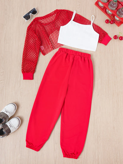 Conjunto de 3 piezas para niñas: camiseta con letras Brooklyn, top playero y pantalón deportivo. Versátil para uso informal de verano y exterior.