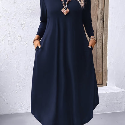 Plus Size Solid Color Dress, Casual Long Sleeve Crew Neck Dress for Spring & Fall, Women's Plus Size Clothing