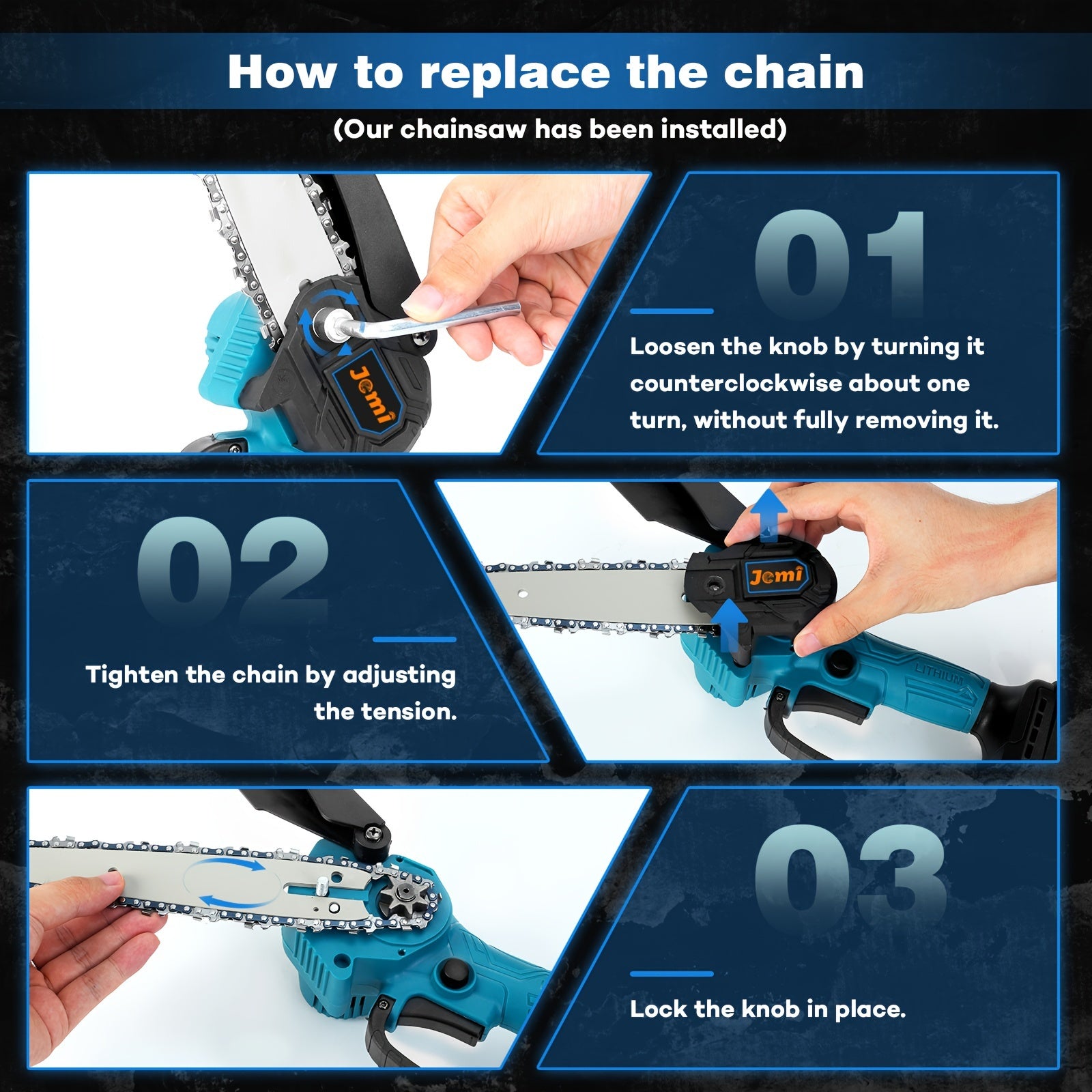 Jemi Tool Handheld 6-Inch Mini Chain Saw with 1/2 Digital Display Battery Cordless Chain Saw with Fender for Cutting Wood, Pruning Trees