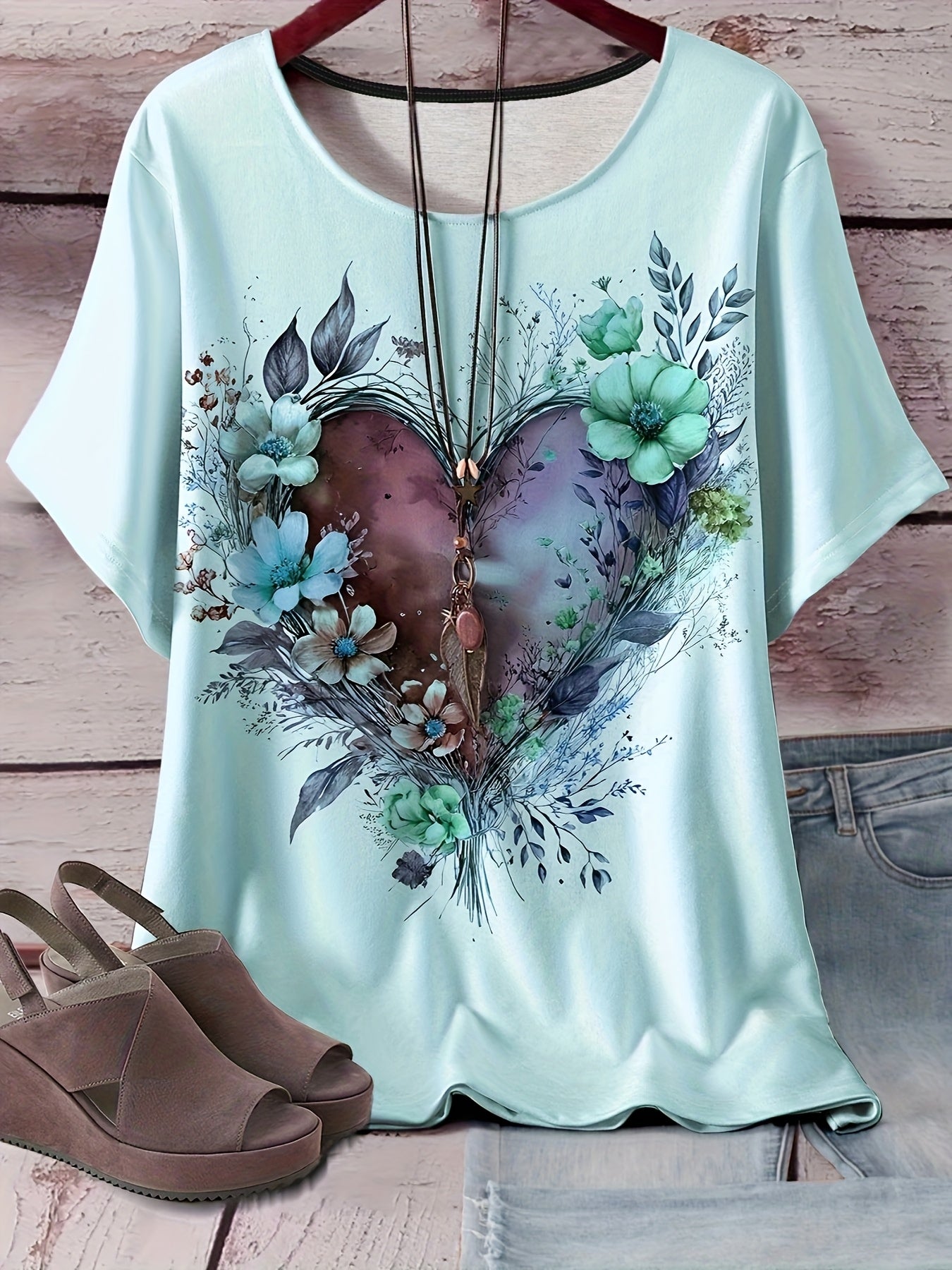 Women's Plus Size Light Blue Floral Heart All-Over Print T-Shirt - Stretchy Casual Round Neck Short Sleeve Top, Machine Washable for Casual Attire, Versatile Wardrobe Staple, Stylish Graphic Tee, Comfortable Fit, Printed Blou