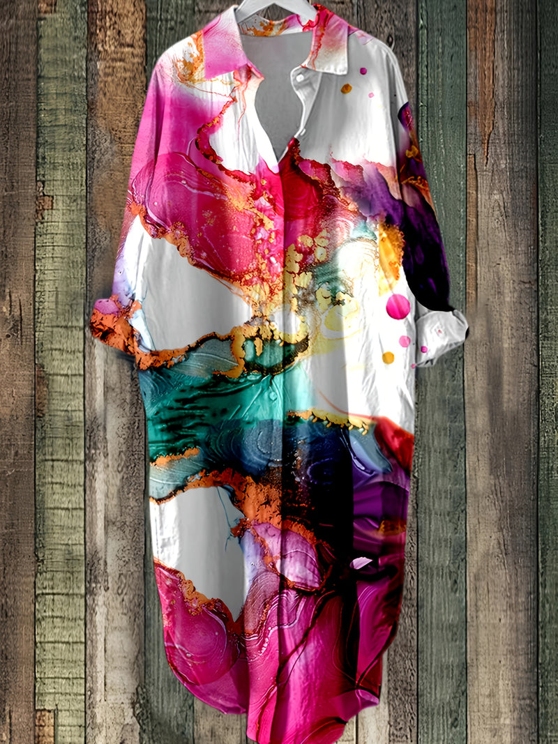 Plus Size - Elegant Floral Print Maxi Dress with Long Sleeves - Blue & White Floral Design, Button-Up Front, Casual Style for Women, All-Season Wear, Casual Summer Dress | Floral Print Dress | Nonstretch Fabric