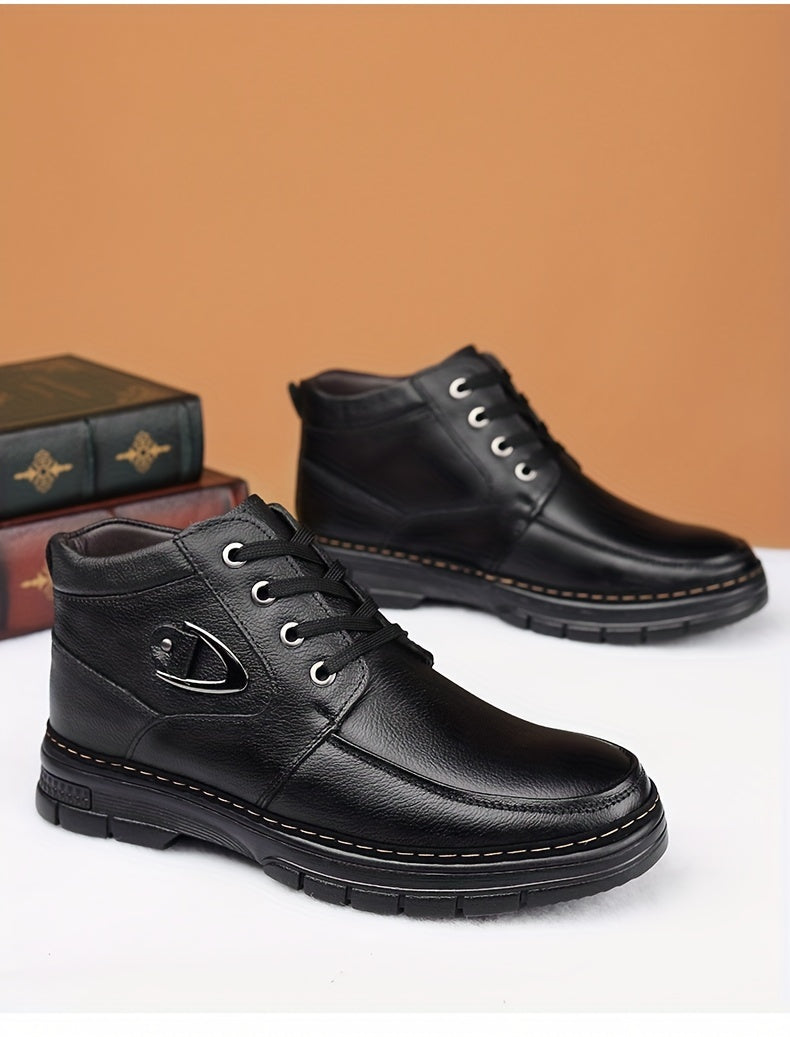 Men's Leather Boots, Winter Thermal Shoes, Windproof Hiking Boots With Fuzzy Lining
