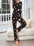 Heart Print Polyester Pajama Set for Teens - Mature Style Crew Neck Top with Slight Stretch, Knit Fabric Regular Fit Lounge Wear for All Seasons (95% Polyester, 5% Elastane)