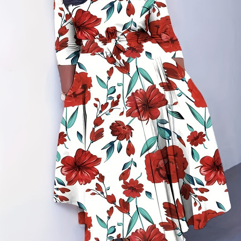 Elegant Women's Plus-Size Dress with Tie Waist, Casual Fashionable Long Sleeve Camouflage Print Knit Fabric with Pocket, X-Shape Fit, Round Neck, Straight Hem, No Bra Pad - Spring/Summer/Autumn