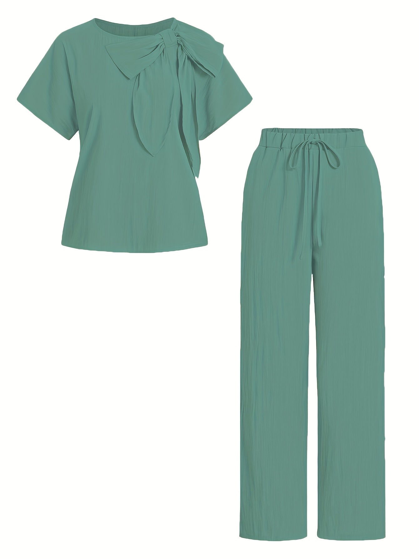 Women'S Casual Beige Knotted Top & Matching Pants Set - Spring/Summer Style, Solid Color, Relaxed Fit with Drawstring Waist, Stylish Accessory Bag, Everyday Casual Wear|Stylish Knotted Top|Drawstring Waist Pants, Casual Wear