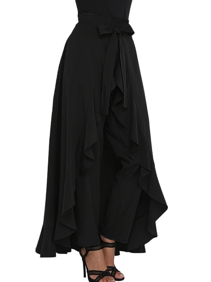 Plus Size Bow Tie Front Pants, Elegant Solid Asymmetrical Wide Leg Skirted Pants, Women's Plus Size Clothing
