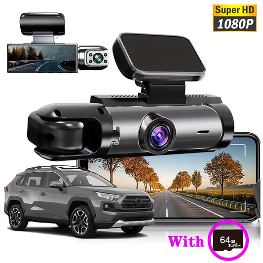 Ouyaaqii HD Dash Cam with 64GB High-Speed Memory Card, Fast Car Charger Bundle, 1080P Night Vision, Alloy Sun-Proof Case, Front & Interior Dual Lens - Upgraded Security Camera