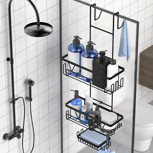 1pc Stainless Steel No-Drill Matte Black Shower Glass Door Rack, Bathroom Organizer for Towels, Clothes, Sponge - Wall Mounted Hanging Shelf for Home Storage and Decor, Ideal for Autumn/Winter and Christmas Gifts