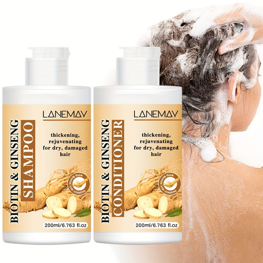 Lanemay Biotin & Ginseng Hair Care Set - 2pcs Shampoo and Conditioner Combo, Strengthens & Revitalizes Dry, Damaged Hair, Alcohol-Free for All Hair Types