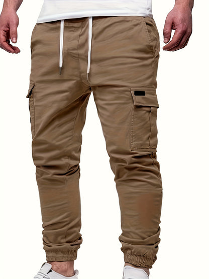 Men's Fashion, Regular Fit And Cuffed Solid Cargo Pants With Flap Pockets, Chic And Trendy Solid Drawstring Leisure Trousers For Daily Outerwear