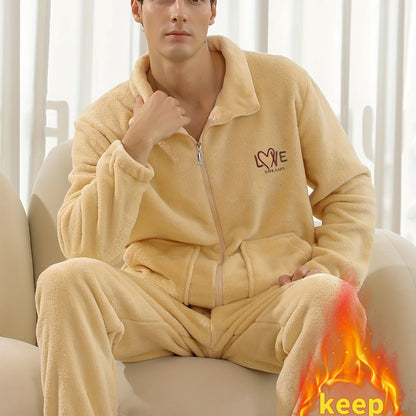 Conjunto de pijama de hombre con camiseta y pantalón de franela con bordado de letras, cuello alto, cremallera y manga larga para otoño e invierno.