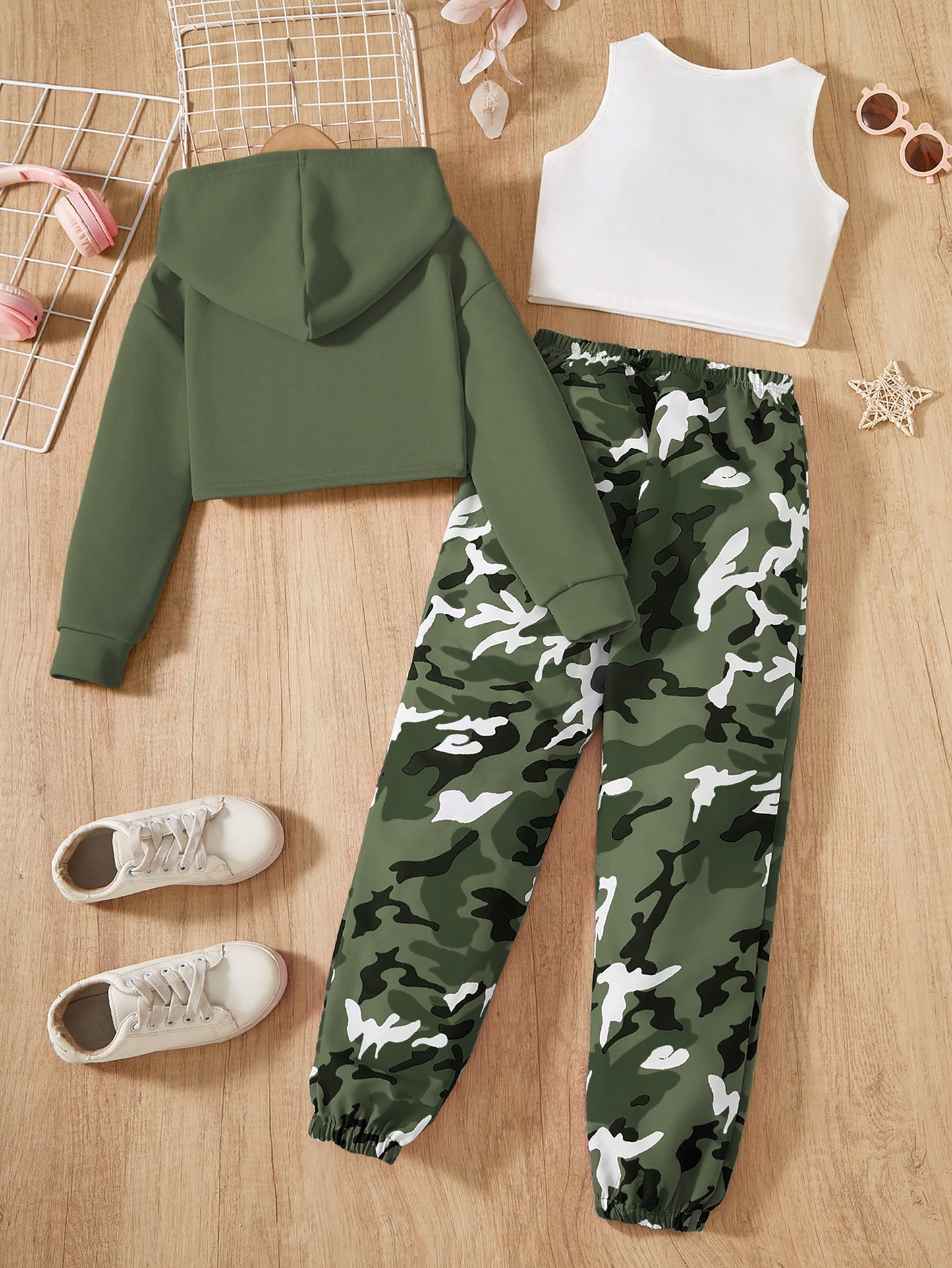 Girls' 3pcs Trendy Outfit Set: Hooded Crop Top, Letter Print Vest & Camo Joggers - Machine Washable Polyester Blend for Fall/Winter, Perfect for Outdoor