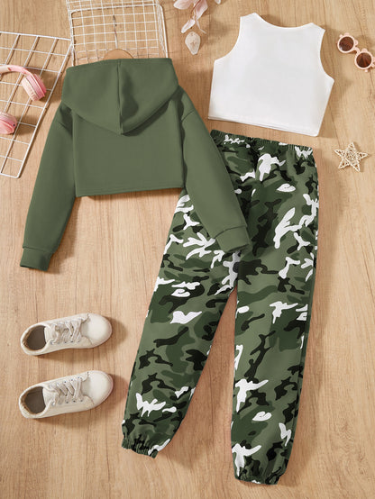 Girls' 3pcs Trendy Outfit Set: Hooded Crop Top, Letter Print Vest & Camo Joggers - Machine Washable Polyester Blend for Fall/Winter, Perfect for Outdoor