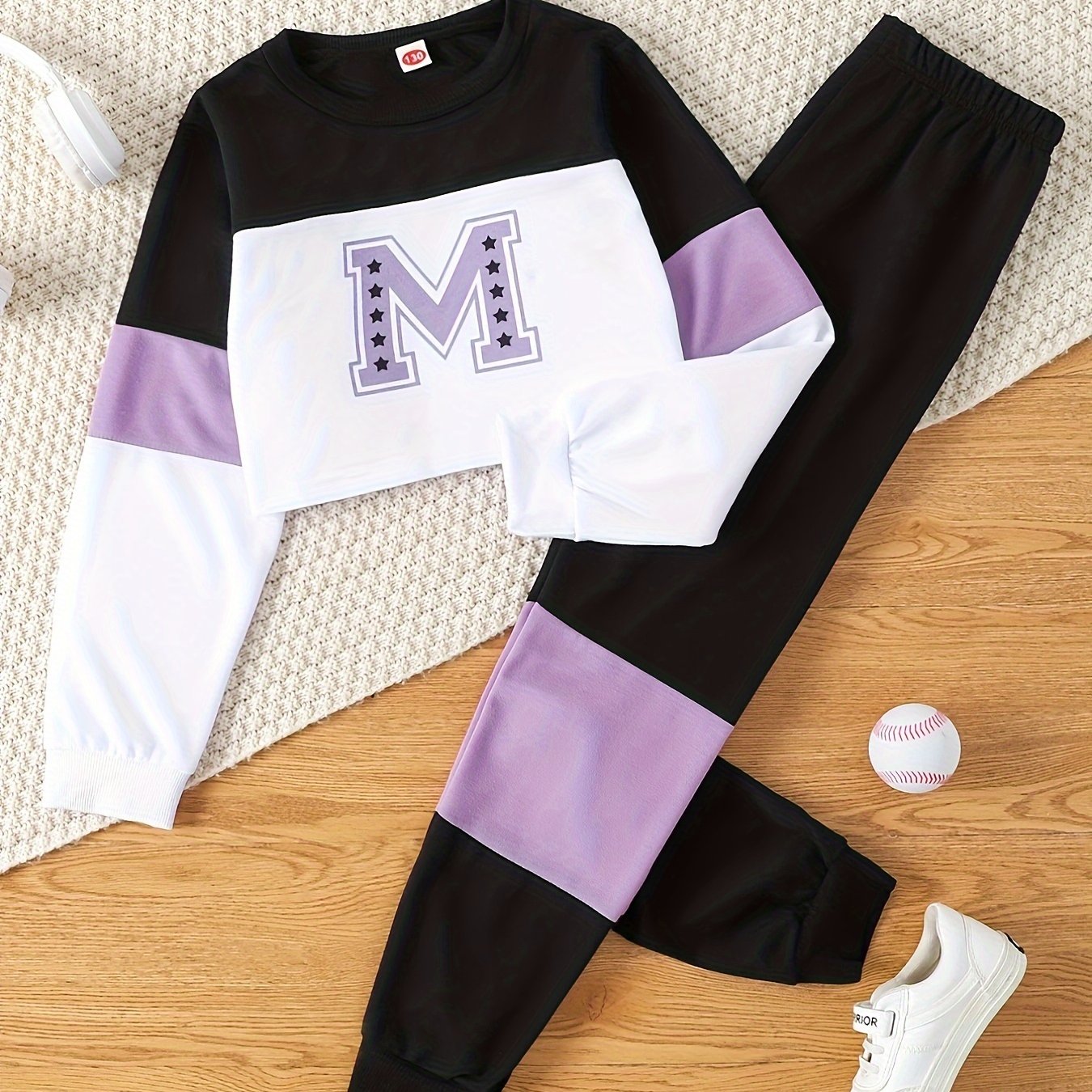 Youngsters's Spring and Autumn Style Letter Print Round Neck Short Long Sleeve Top and Color-Matching Spliced Long Pants Casual Two-Piece Set, Perfect for Outdoor