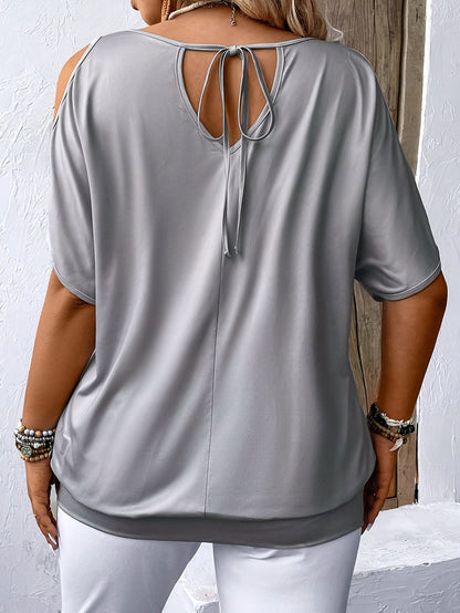 Women's Plus Size Print Off-Shoulder T-Shirt - Casual Short Sleeve Round Neck Top, Machine Washable Spring Summer Fashion Tee, Ladies T Shirts, Relaxed Fit Tee, Oneshoulder Style, Flowy Fabric