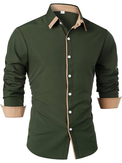 Mature Style Men's Casual Trim Contrast Button Long Sleeve Shirt, Spring Fall