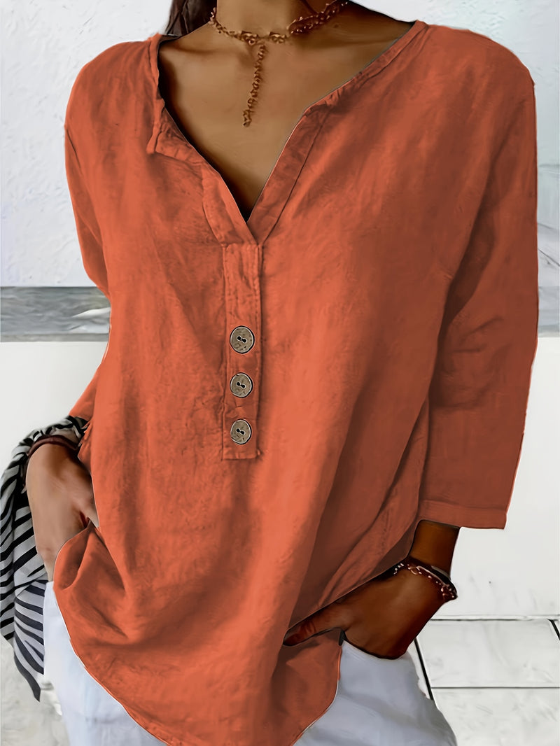 V-Neck Button-Up Top - Loose Fit Solid Color Pullover, Fashionable Casual V-Neck Shirt for Women, Relaxed Fit, Non-Stretch Cotton Linen Blouse