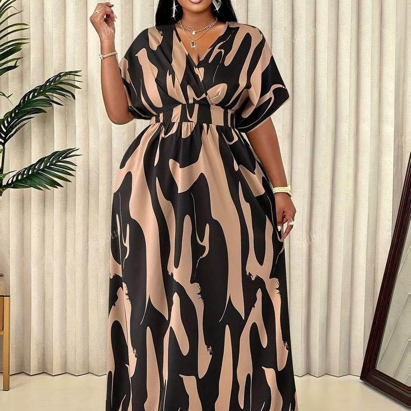 Women'S Plus Size Elegant V-Neck Dress with Abstract Pattern - Casual Spring/Summer Style, Knee-Length, Sleeveless, Adjustable Waist Cincher, Casual Summer Dress|Kneelength Dress|Vneck Design, Plus Size Dress