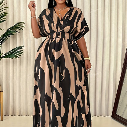 Women'S Plus Size Elegant V-Neck Dress with Abstract Pattern - Casual Spring/Summer Style, Knee-Length, Sleeveless, Adjustable Waist Cincher, Casual Summer Dress|Kneelength Dress|Vneck Design, Plus Size Dress