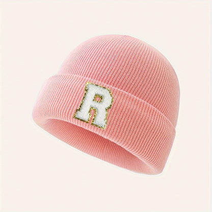 1pc Children's Knitted Hat with 26 Alphabet Letters, Pink Acrylic Stretchable Cap for Toddlers, Hand Washable, Breathable, Daily & Casual Wear, Perfect for Birthday Occasion