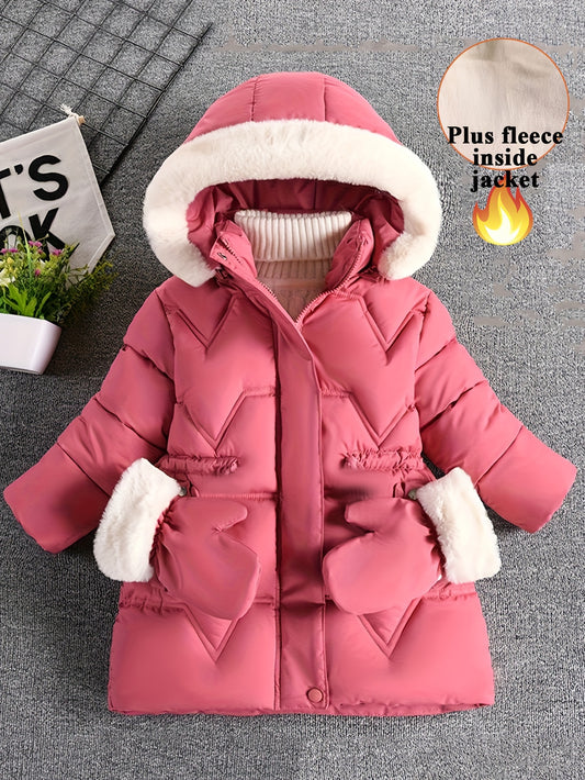 Girl's Solid Color Long Sleeve Hooded Warm Jacket, Faux Furry HoodedComfy Trendy Winter Warm Coat With Detachable Gloves As Gift