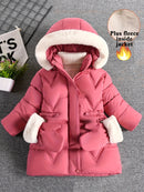 Chaqueta cálida de manga larga con capucha para niña, de color liso, con capucha de pelo sintético, cómoda y moderna, con guantes desmontables como regalo.