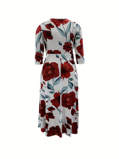 Elegant Women's Plus-Size Dress with Tie Waist, Casual Fashionable Long Sleeve Camouflage Print Knit Fabric with Pocket, X-Shape Fit, Round Neck, Straight Hem, No Bra Pad - Spring/Summer/Autumn