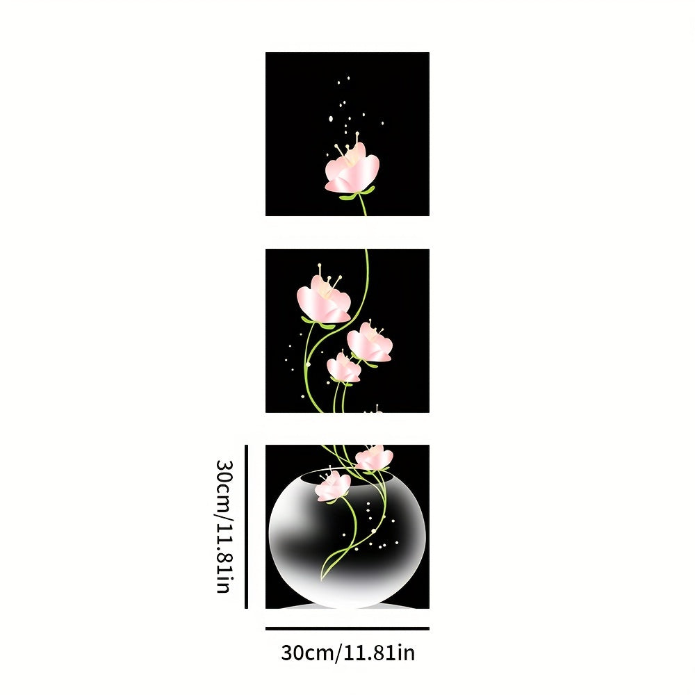 3 lienzos cuadrados con flores rosas, arte de pared para sala de estar, entrada, decoración del hogar, sin marco.
