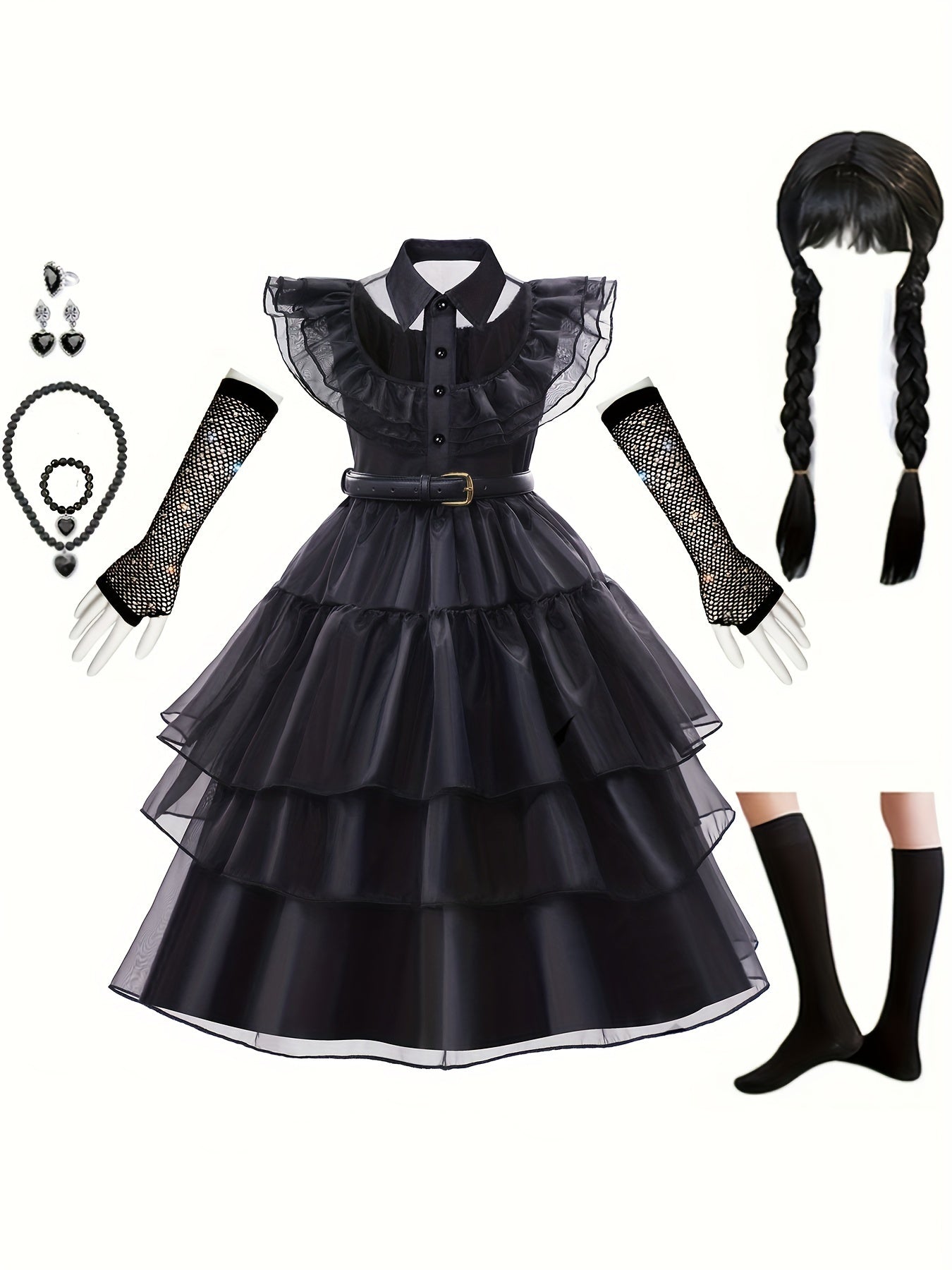 5pcs Girls' Princess Costume, V-neck Flying Sleeve Belted Elegant Long Dress Cosplay Birthday Party Halloween Prom Party Dress 2-12T With Wig Socks Necklace And Gloves Set mardi gras