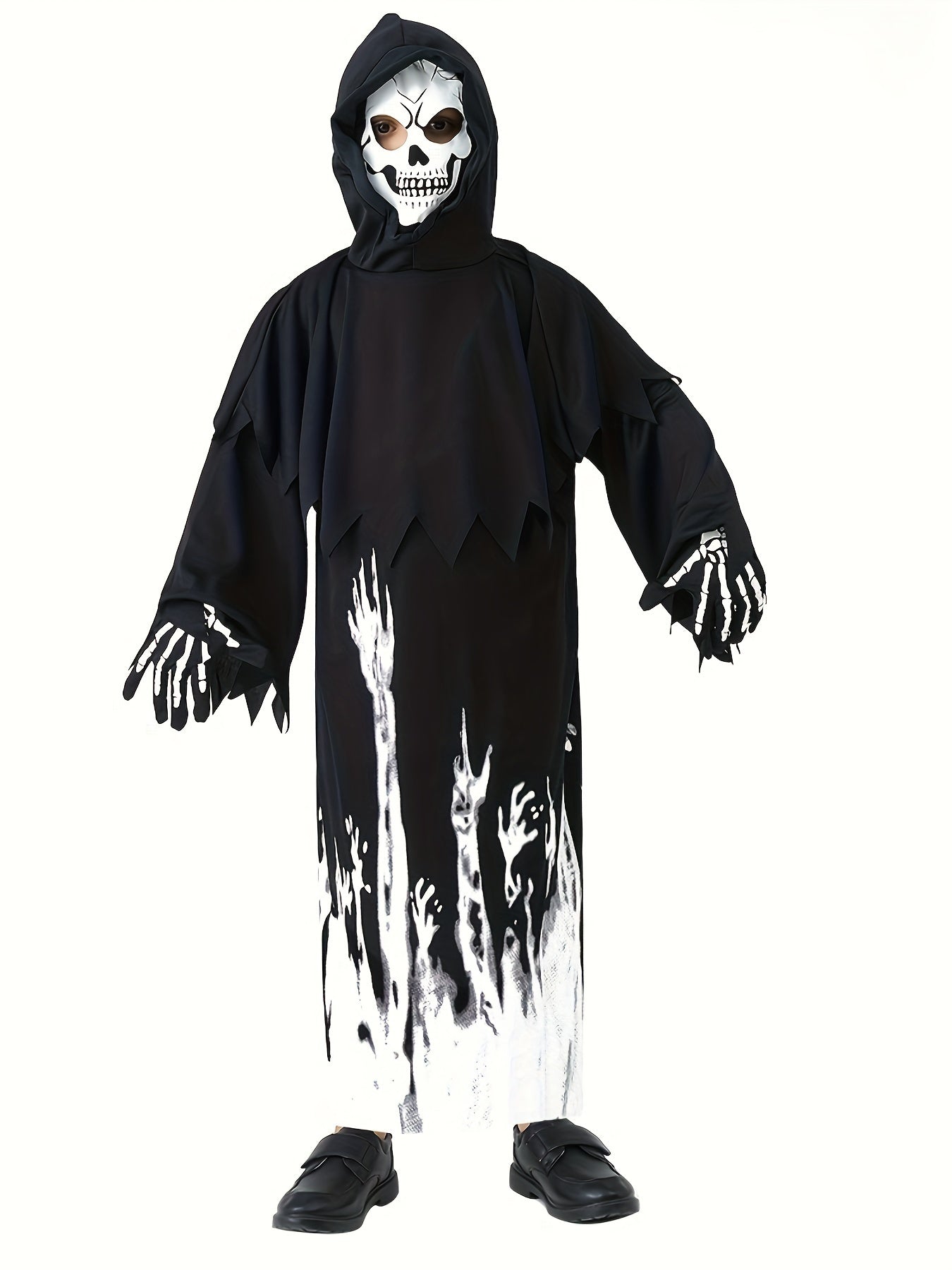 [Fast Arrival] 1pc Luminous Grim Reaper Costume for Kids - Halloween Party Storytelling, Role-Playing Performance Outfit with Hooded Jumpsuit, Gloves & Sickle, Polyester Material, Non-Transparent, Knitted Fabric, Solid Color,