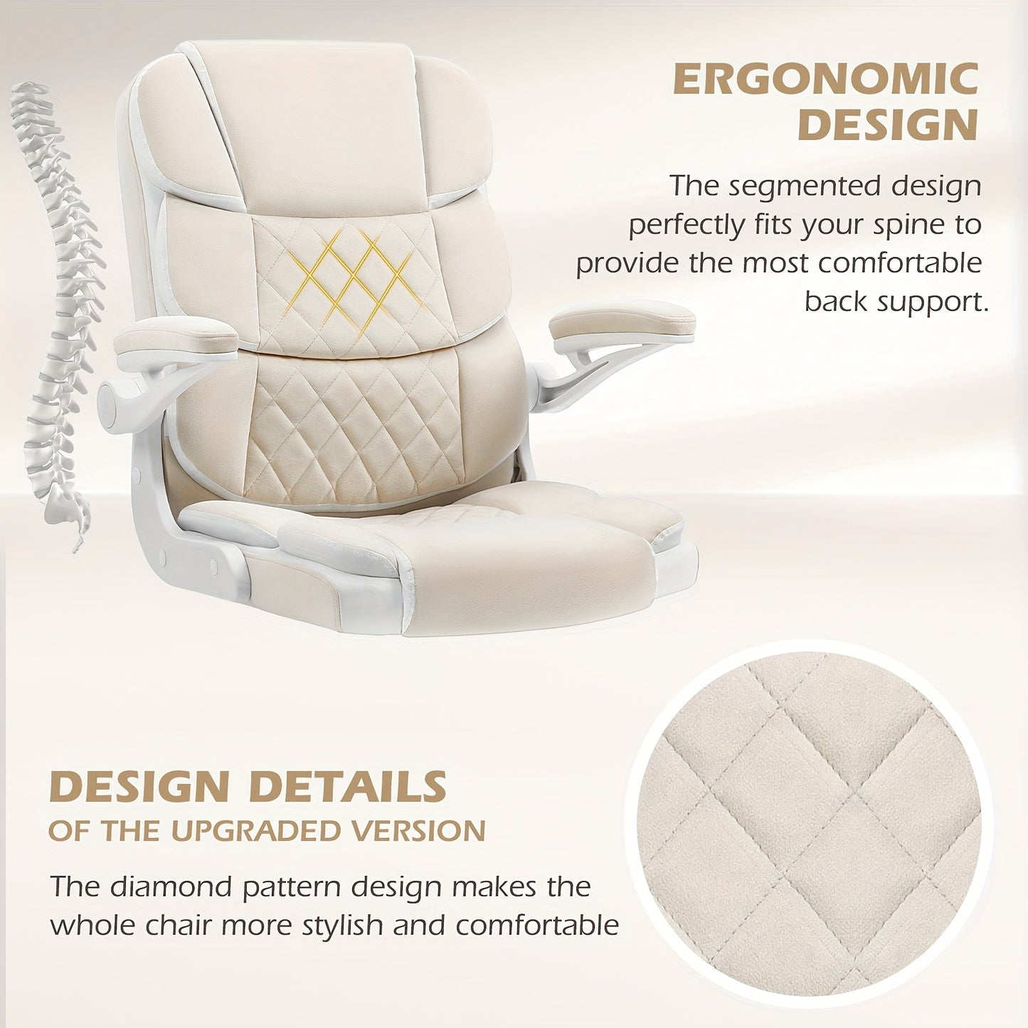 Ergonomic Beige Velvet Office Chair with Lumbar Support, Adjustable Armrests &amp; Swivel Base - Comfortable Executive Desk Chair for Home, Study, or Bedroom