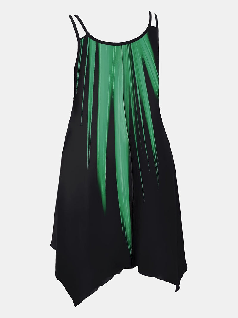 Plus Size Ombre Print Cami Dress, Vacation Style Asymmetrical Hem Sleeveless Crew Neck Dual Strap Dress For Spring & Summer, Women's Plus Size Clothing