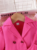 Baby Girls Fashion Button Long Sleeve Lapel Collar Coat + Bow Pleated Suspender Skirt Two-piece Set Outdoor Clothing