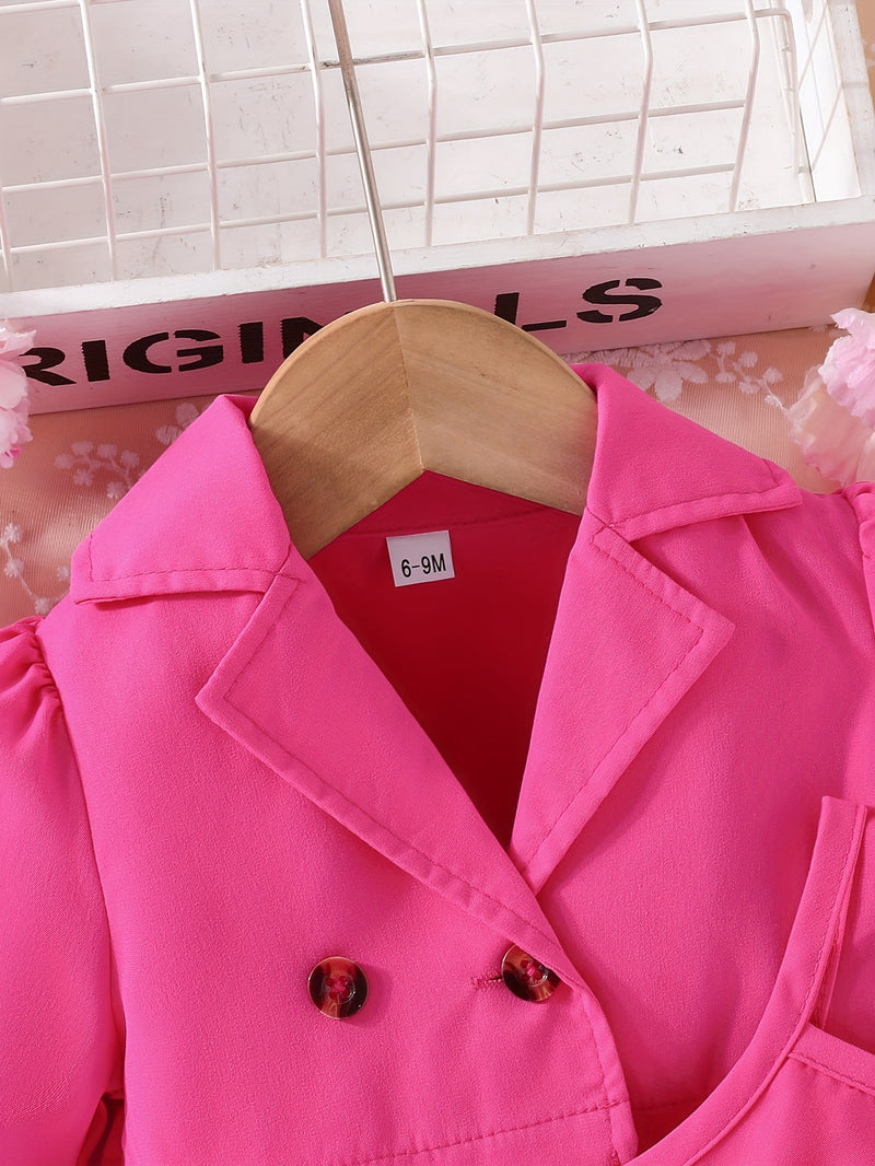 Baby Girls Fashion Button Long Sleeve Lapel Collar Coat + Bow Pleated Suspender Skirt Two-piece Set Outdoor Clothing