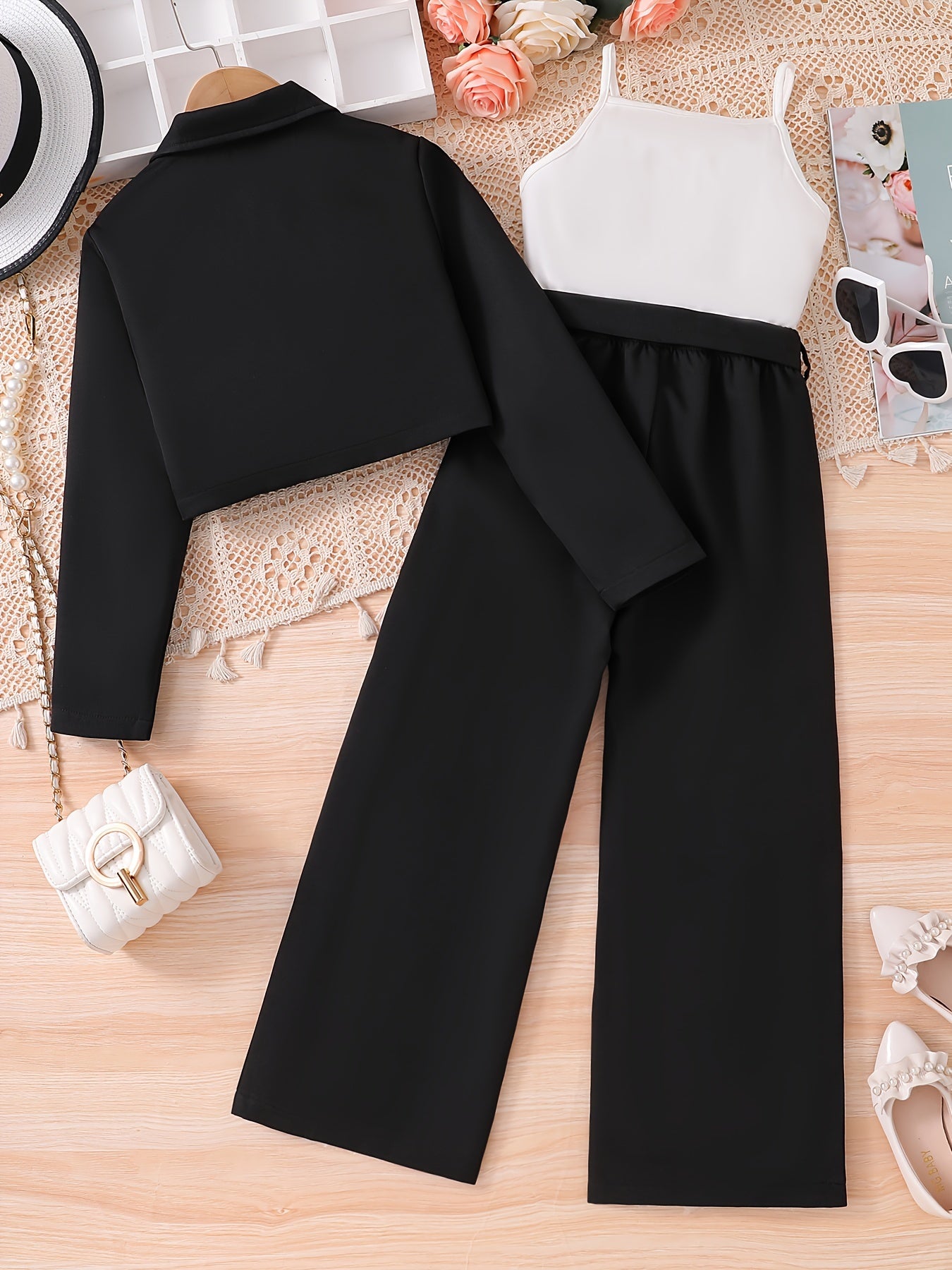 Conjunto elegante de otoño para niña de 3 piezas: blazer corto de poliéster con cinturón, camisola sin mangas, pantalón recto, corte entallado, color liso, ideal para primavera/otoño.