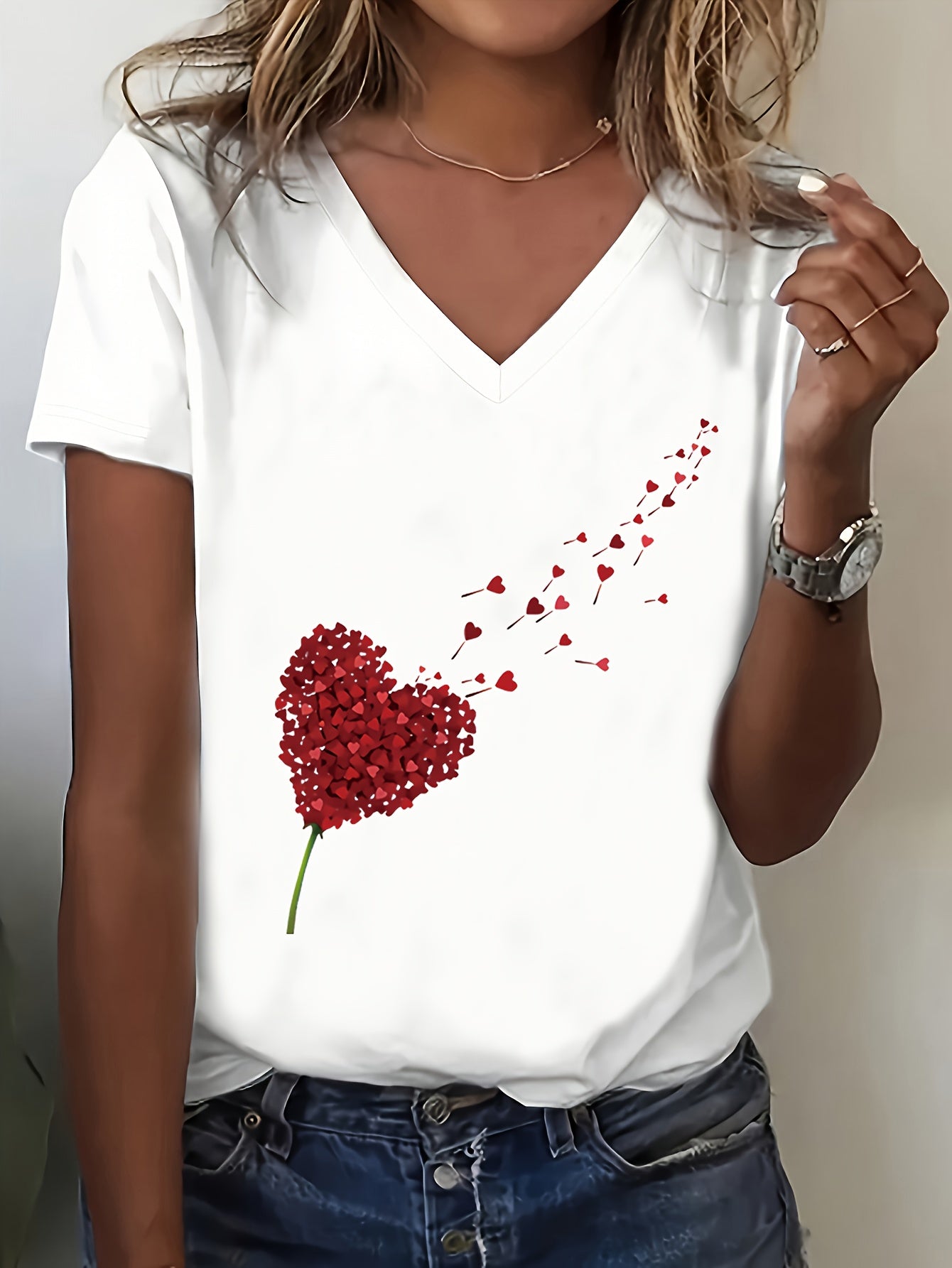 Women's Casual V-Neck Short Sleeve T-Shirt - White with Red Heart & Berry Print, Soft 100% Polyester, Machine Washable, Regular Fit for Spring Summer Fall Casual Attire, Comfortable Fit Tee, Versatile Top, Feminine Style, Lig